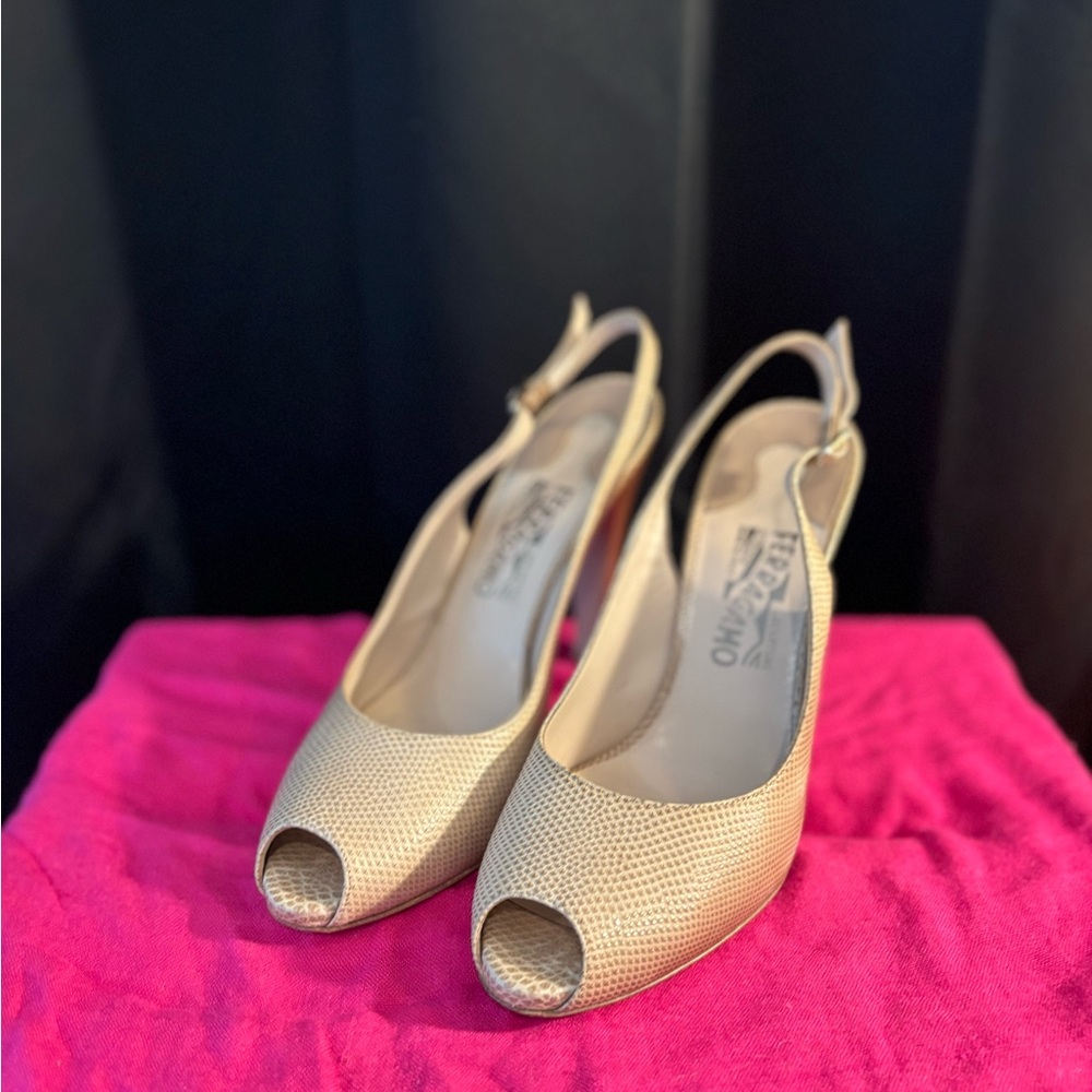 Salvatore Ferragamo‎ Cream Peep-Toe Slingback Heels